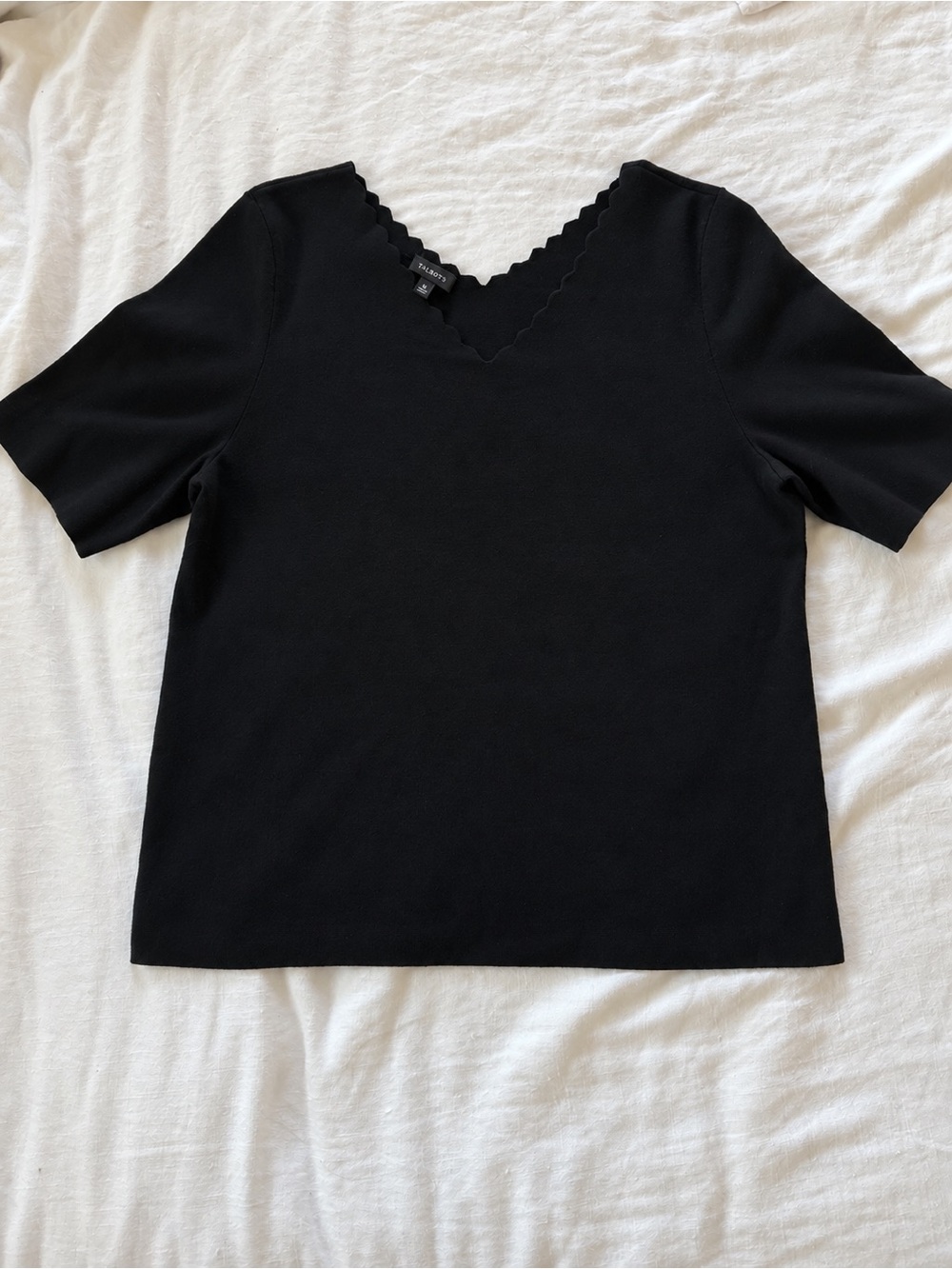 Talbots Black Short Sleeve Top with Scallop V-Neck
